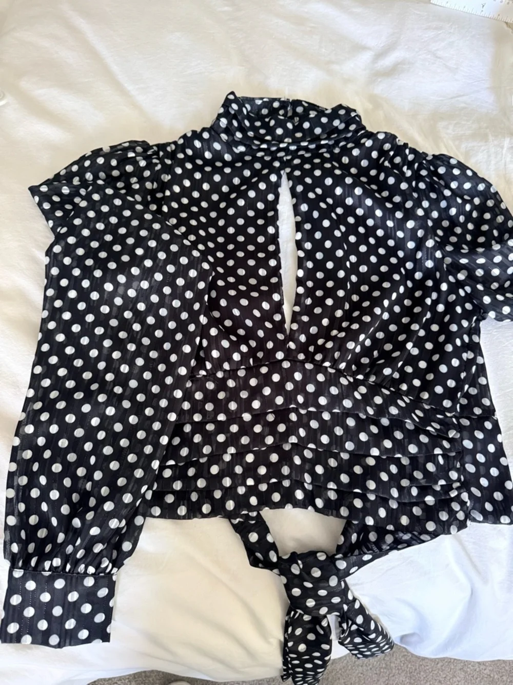Simons Black and White Polka Dot Slit-Front Tie-Back Cropped Blouse - Picture 3 of 3